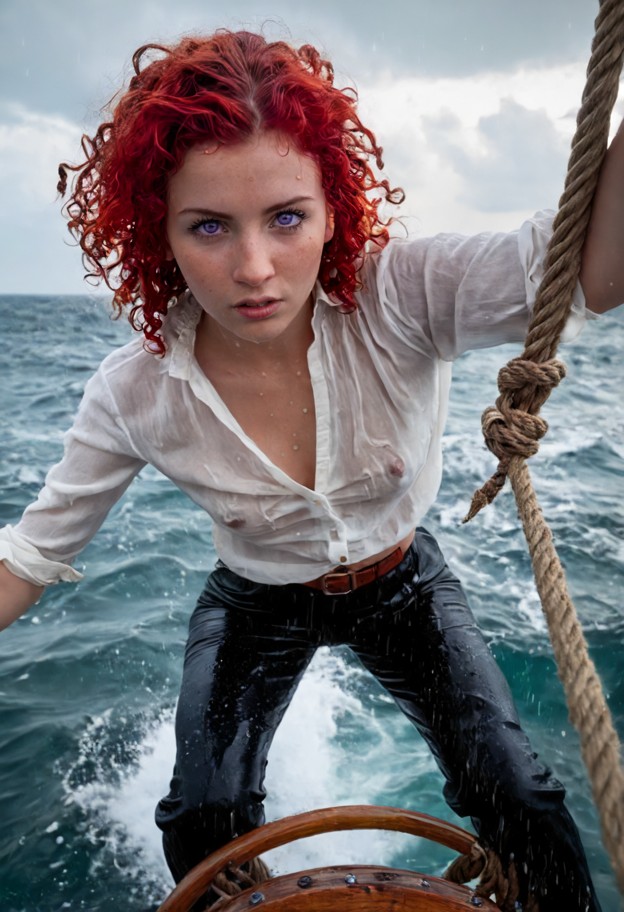 dynamic low-angle action shot looking up at a brave woman climbing high in the rigging of a wooden frigate. she is we…