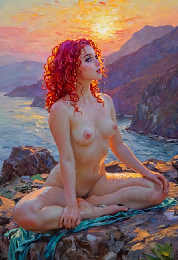 impressionist oil painting,thick brushstrokes,a person meditating on a summit,vibrant colors reflecting the sunrise,l…