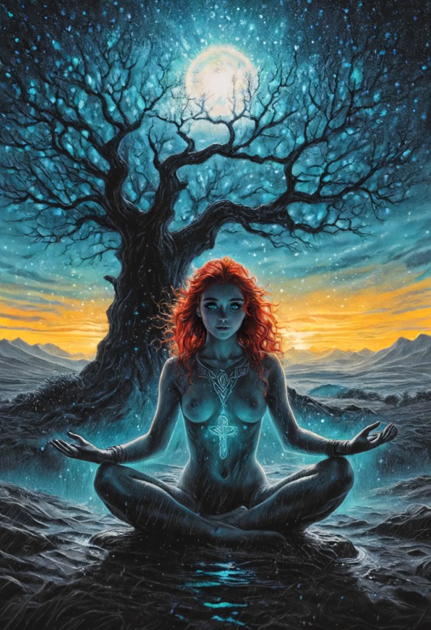 full body shot,wide angle,centered composition. a woman is levitating in a cross-legged lotus position,floating weigh…