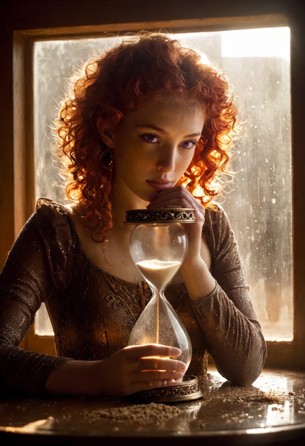 (masterpiece),(best quality:1.4),beautiful anime woman holding ornate hourglass,(golden sand falling through glass),e…