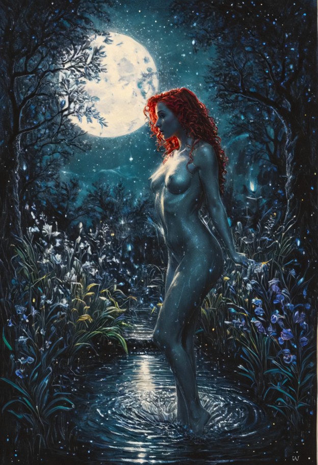 fantasy realism,full body shot,head-to-toe view of an elegant woman with an ethereal silhouette,standing in an enchan…
