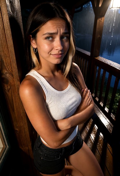 Location: dim porch of a lakeside rental at night, rain tapping rhythmically against the dark wood railing under the …