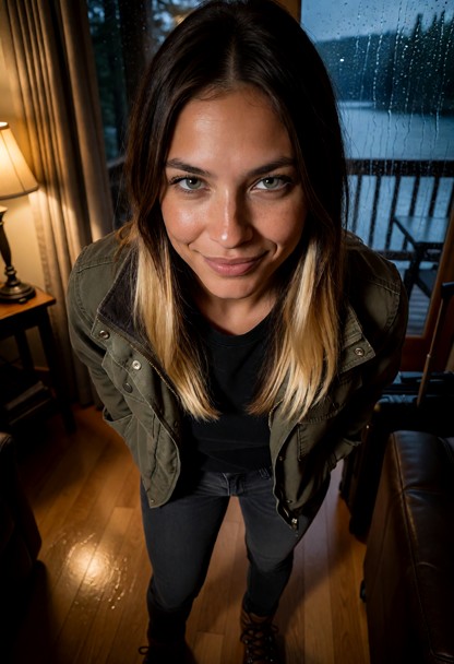 Location: evening inside a dimly lit lakeside rental living room, where heavy rain streaks the windowpanes and the wa…