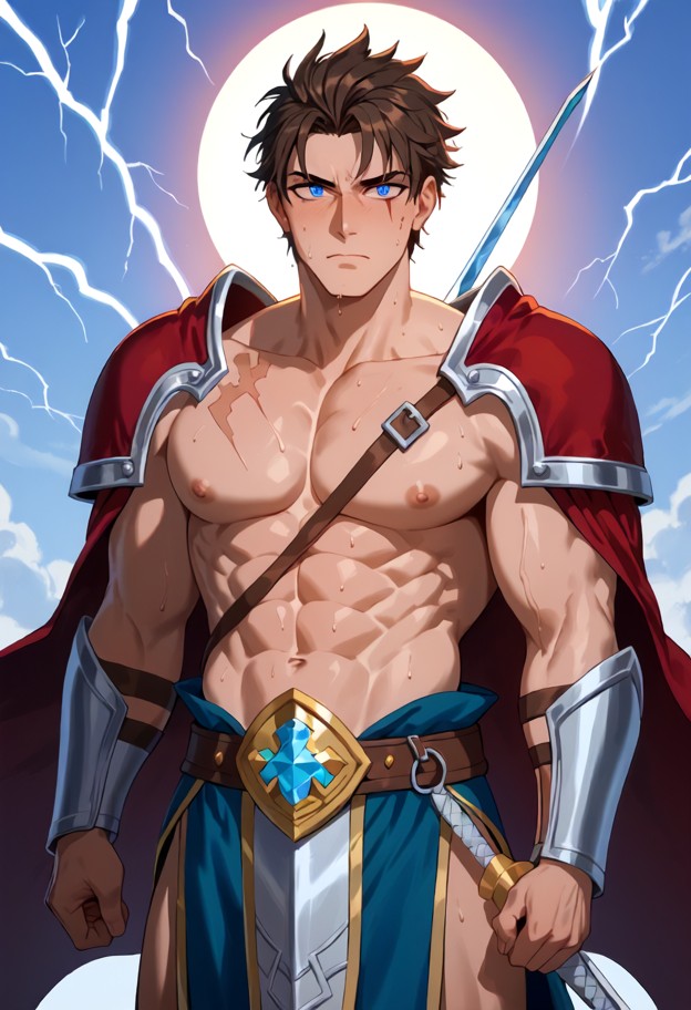fantasy character art prompt

marcus drax,22-year-old lightning spellsword,standing shirtless in a rugged training ya…