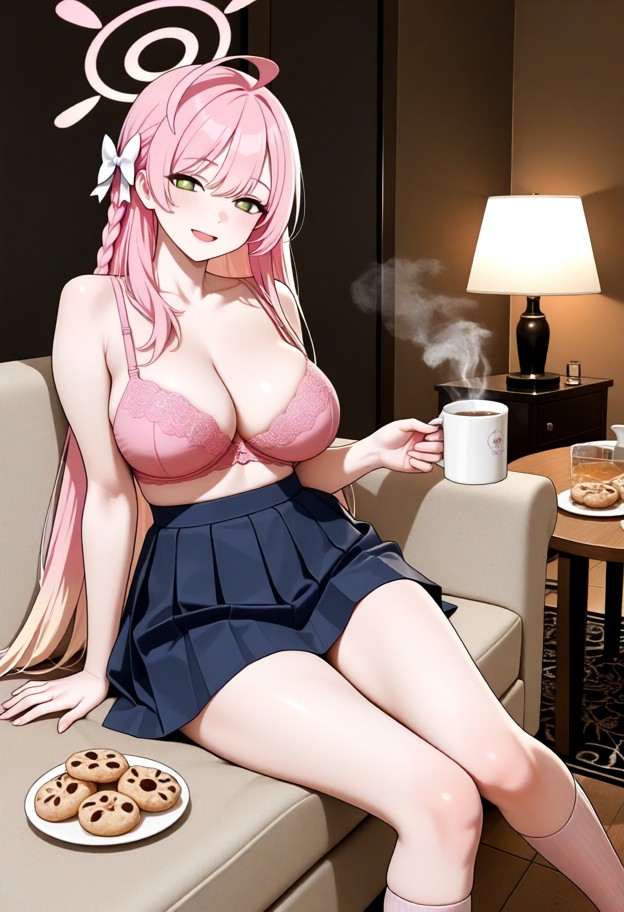 hanako sits on the sofa with an inviting expression,pink lace bra,boobs,pleated navy blue wool skirt,pink cotton sock…