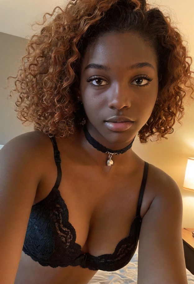 she is leaning forward to whisper,black lace bra,black lace panties,black choker,bedroom,large bed,dim lighting,soft …