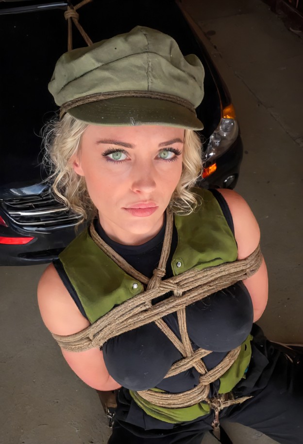 she is is lying on the floor of a car trunk,tied up,tactical olive green vest,black combat trousers,dark car trunk,me…