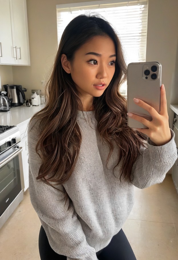 1girl standing in small kitchenette,morning light,white cabinets,stainless steel appliances,oversized gray sweater,bl…
