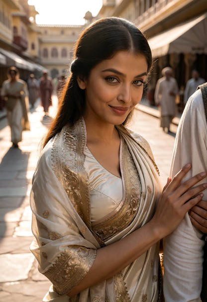 Location: a bustling elegant street in 1876 Jaipur during a warm evening, with soft golden sunset light filtering thr…