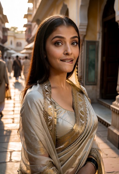 Location: a bustling elegant street in 1876 Jaipur during a warm evening, with soft golden sunset light filtering thr…