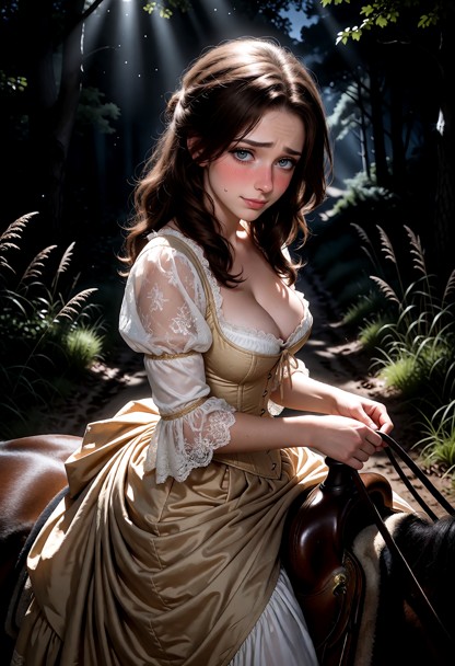 Location: late night on a dark, moonlit trail through the dense woods, with silver starlight filtering through the ca…