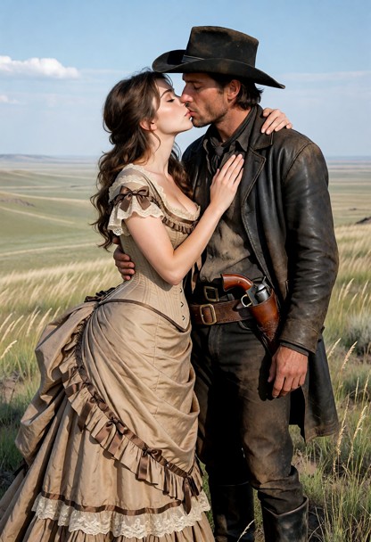 Location: A quiet grassy hill overlooking an endless late-1880s prairie, tall grass moving gently in the breeze, roll…