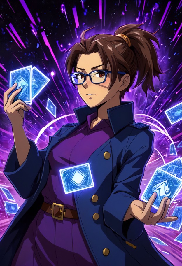 in the iconic yu-gi-oh! duel monsters anime style by kazuki takahashi. 
the character is standing in a high-tech batt…