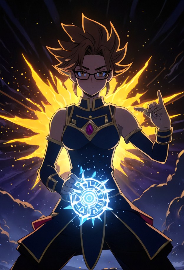 dramatic yu-gi-oh! anime art style. the character is drawing a glowing 
card from her duel disk with a flashy hand ge…