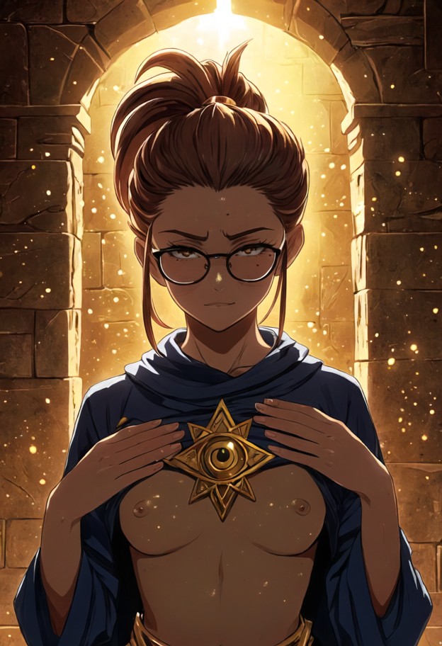 yu-gi-oh! anime style by kazuki takahashi. the character is wearing the 
golden millennium puzzle around her neck,whi…