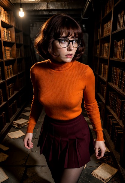 Location: a dimly lit, dusty library basement with towering wooden bookshelves, scattered old parchments, and a singl…