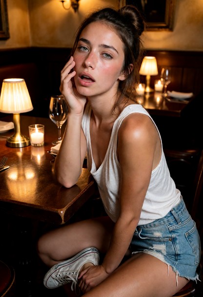 Location: a cozy Italian restaurant with warm amber lighting from small table lamps and soft candlelight reflecting o…