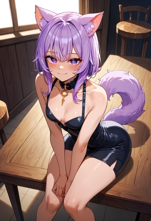 1girl leaning forward,black satin dress,red high heel shoes,dimly lit bar,wooden table,hand touching chest,smirking,d…