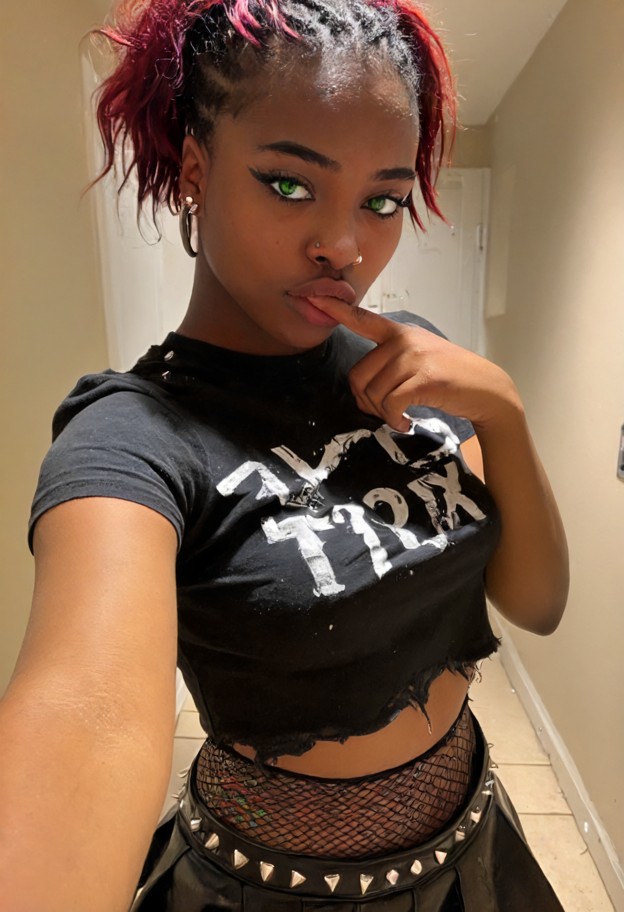 she is is jabbing a finger near viewer's face,black cropped band tee,studded leather skirt,ripped black fishnets,diml…