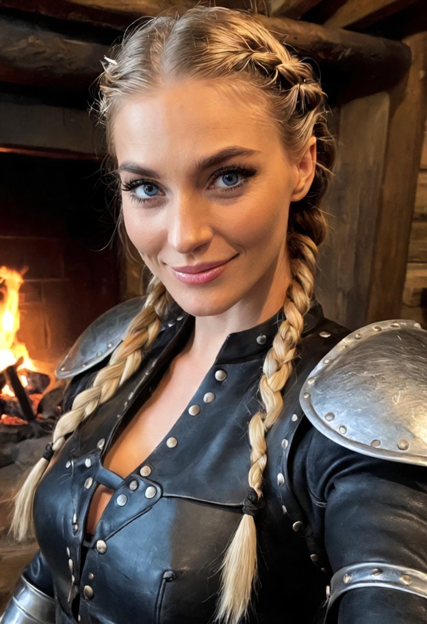 astrid is smiling and leaning in close,dark leather tunic,heavy metal armor plates,thick braided hair accessory,dim r…
