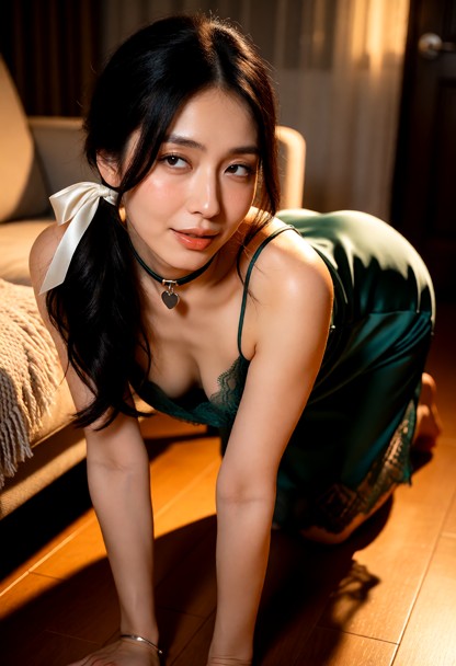 Location: evening in a cozy living room with warm amber light casting long shadows across the wooden floor and soft t…