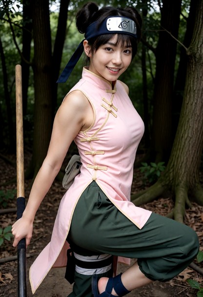 a french girl. She has dark brown hair styled into two small rounded buns on either side of her head, with short bang…