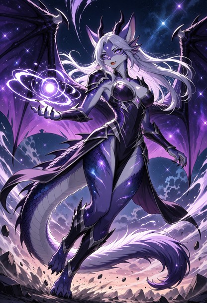 Highly detailed epic anime-fantasy action illustration of Silvaria, an adult female fox/dragon hybrid, hovering above…