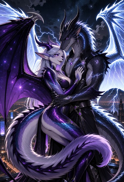 Highly detailed cinematic anime-fantasy illustration of Silvaria and Rairyuu together on a high Aegis City rooftop at…