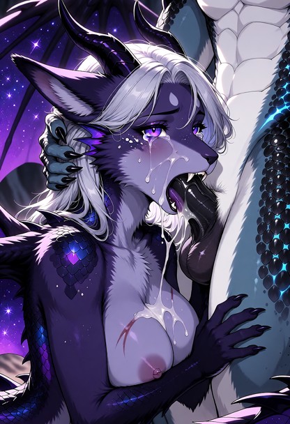 Highly detailed cinematic anime-fantasy erotic illustration of Silvaria deepthroating Rairyuu, adult anthro pair, unc…