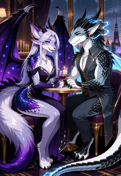 Highly detailed cinematic anime-fantasy illustration, SFW, fully clothed, vertical cellphone wallpaper. TWO DISTINCT …