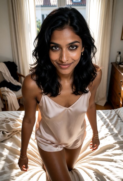Location: Sunday morning in a lived-in bedroom where bright, direct sunlight now streams through the open curtains, c…