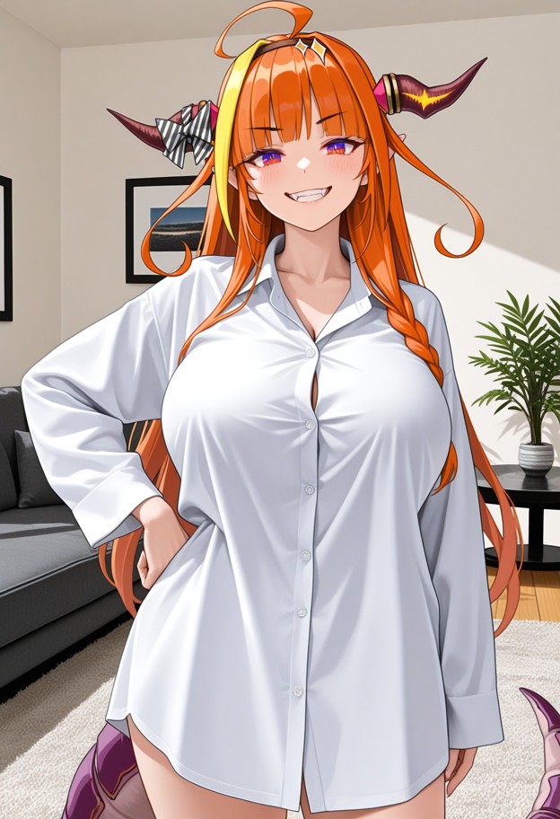 1girl,solo,standing,oversized dress shirt,smug grin,blushing,hand on hip,front view,full-body view,head-to-toe compos…