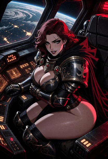 Location: the vibrating flight deck of the Thunderhawk, where the massive viewports reveal the swirling atmosphere an…