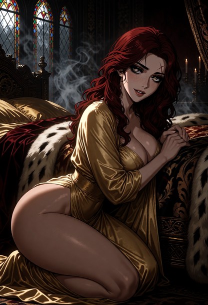 Location: the opulent royal bedchamber, where the dim, eerie light of a smoke-choked morning filters through stained …