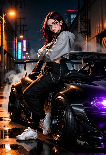 Hyperrealistic night street photography of a sexy casual young woman leaning against her heavily tuned Mazda MX-5 Mia…