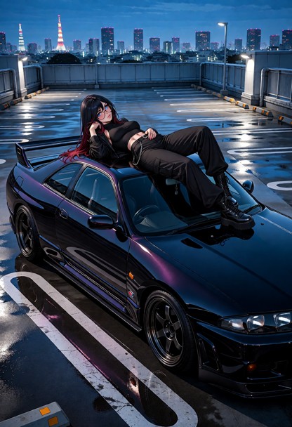 Create a cinematic wide automotive composition featuring Jade, an adult animated woman of normal human size, reclinin…