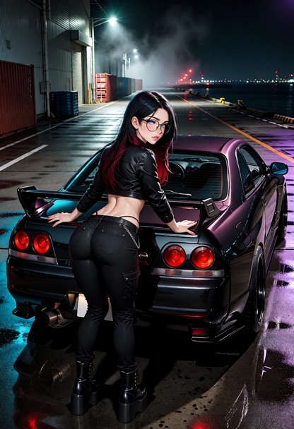 Create a bold vertical rear automotive portrait featuring Jade, an adult animated woman, standing behind a realistic …