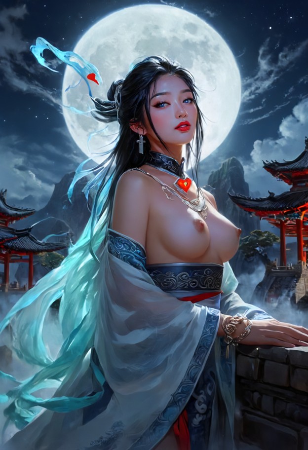 ultra-detailed anime illustration with sumi-e influence: a moon goddess hovers gracefully above misty cliffs under a …
