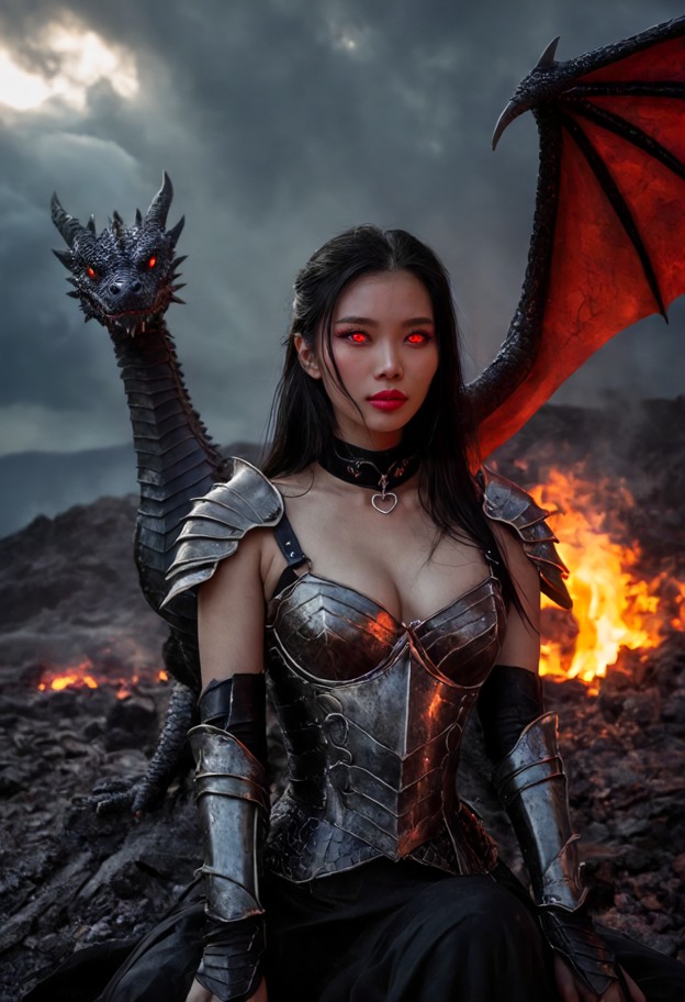 a dark,seductive female dragon rider,hard nipples,sitting confidently on a massive black dragon,the dragon has glowin…