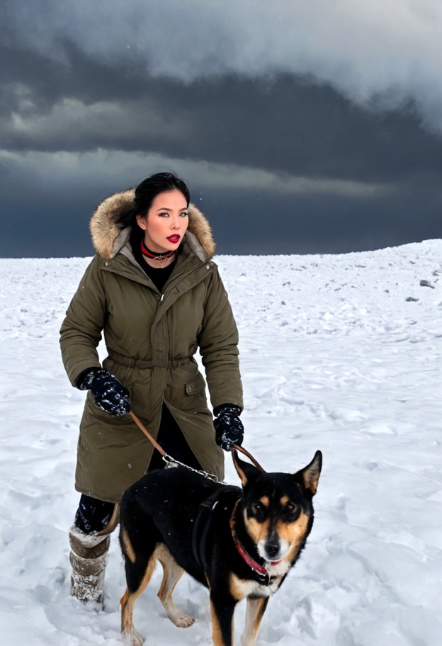 a woman stands resolutely beside a weathered dog sled in the frigid expanse of the arctic tundra,her rugged features …
