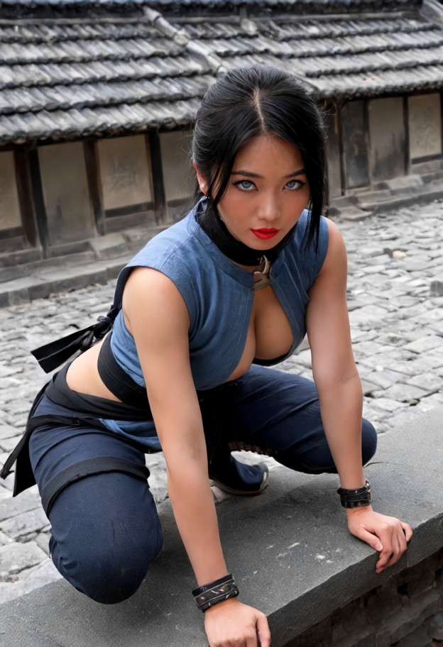 she's crouching on top of a high ancient japanese rooftop,one hand on the handle of her sword,looking down at a ninja…