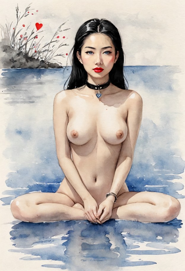 sumi-e ink wash painting of a person in a serene meditation pose at the end of a weathered wooden pier extending into…