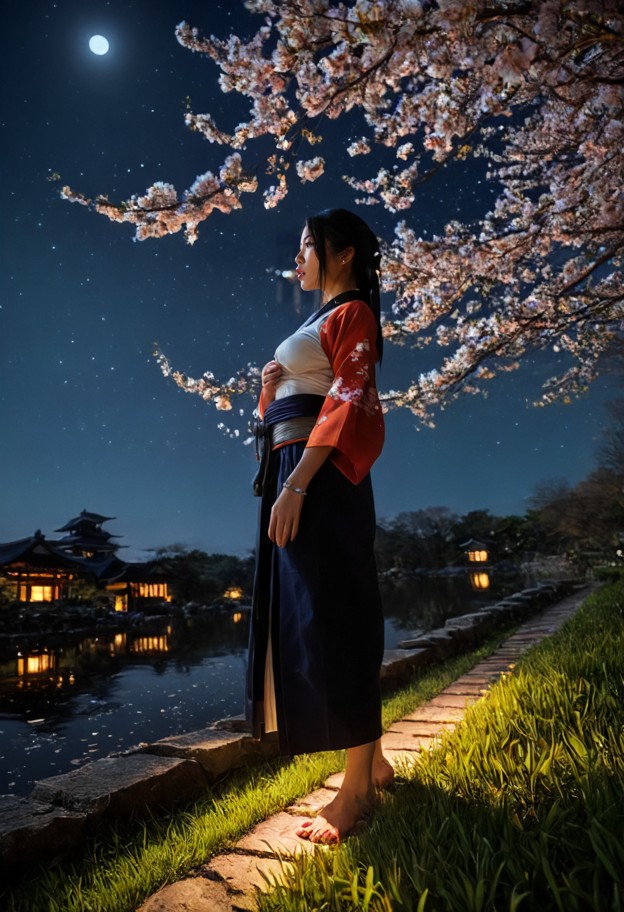 a breathtaking cinematic night scene in an edo-period japanese manor garden featuring ayame kisaragi,a 19-year-old fe…