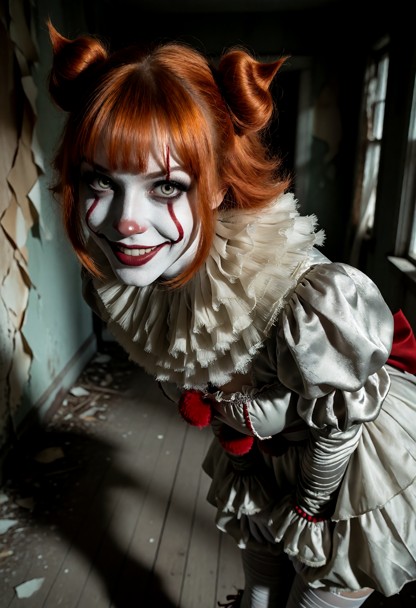 Location: dim and eerie abandoned house with peeling wallpaper, dusty floorboards, and shadows stretching across the …