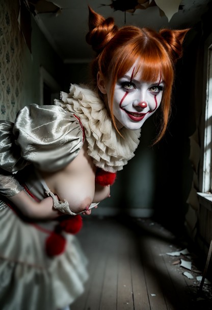 Location: dim and eerie abandoned house with peeling wallpaper, dusty floorboards, and shadows stretching across the …