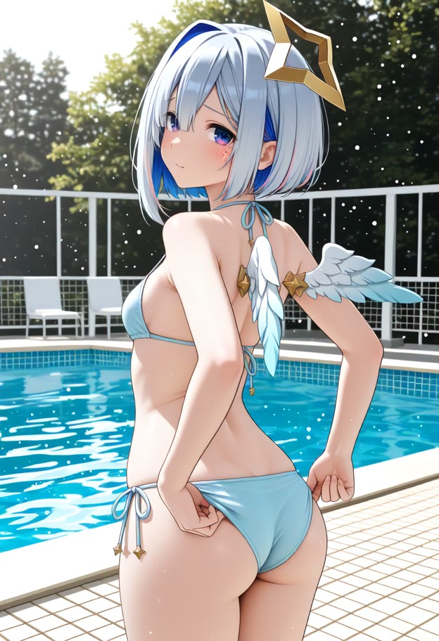 1girl,solo,standing,back to viewer,looking_back,adjusting bikini,light blue bikini,shy,embarrassed,blushing,full-body…