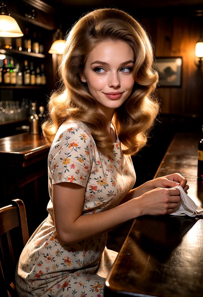Location: dim evening inside a cozy, dimly lit tavern with polished dark wood surfaces, amber-tinted glass bottles on…
