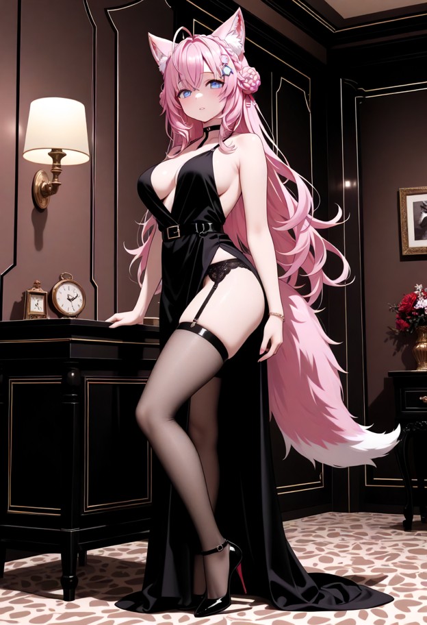 she is wearing evening dress,slit dress,garter belt,stockings,stiletto heels,elegant room,medium shot,cinematic lighting