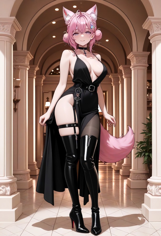 she is is standing wearing an evening dress with a slit,stockings,thigh high leather boots,stiletto heels,ballroom,fu…