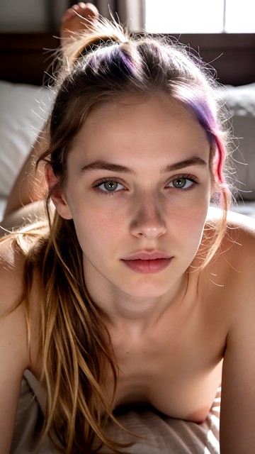 The subject has a neutral expression with a relaxed face and a calm mood., The scene is set in a bedroom, with a bed …